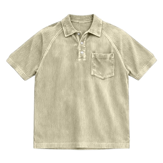IWRICH Men's Corduroy Baggy Polo Shirts Button up Short Sleeve Collared T Shirts Casual Trendy Solid Color Shirts with Pocket Beige S