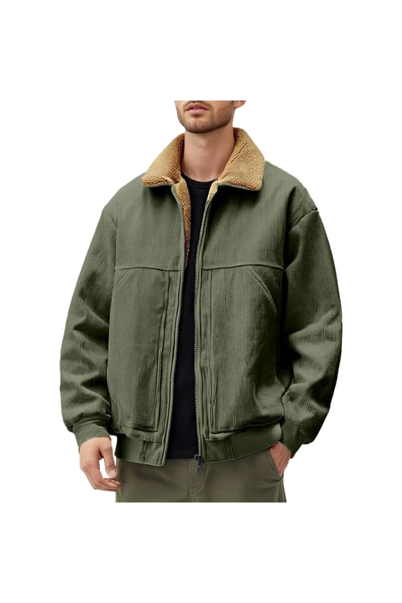 IWRICH Men's Corduroy Fleece Jacket Thick Sherpa Lined Jacket Warm Winter Turn-Down Collar Full Zip Jacket Green XXXL
