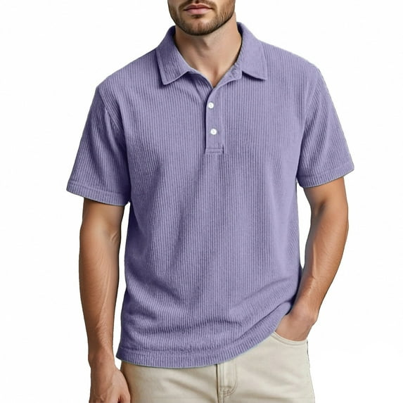 IWRICH Men's Corduroy Knit Polo Shirts Short Sleeve Casual Textured T Shirt Summer Ribbed Collared Shirts Purple M