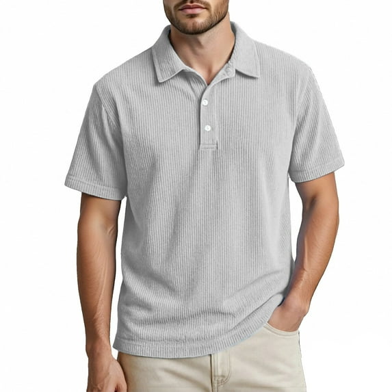 IWRICH Men's Corduroy Knit Polo Shirts Short Sleeve Casual Textured T Shirt Summer Ribbed Collared Shirts White XL