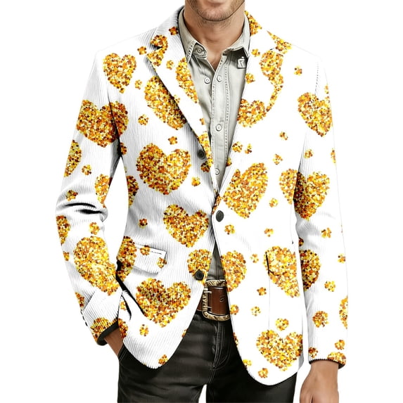 IWRICH Men's Corduroy Valentines Blazer Love Heart Button Casual Suit Jacket Slim Fit Loose Work Sport Coat with Pocket 04-White XL
