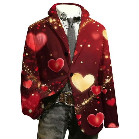 IWRICH Men's Corduroy Valentines Blazer Love Heart Button Casual Suit Jacket Slim Fit Loose Work Sport Coat with Pocket 08-Red XL