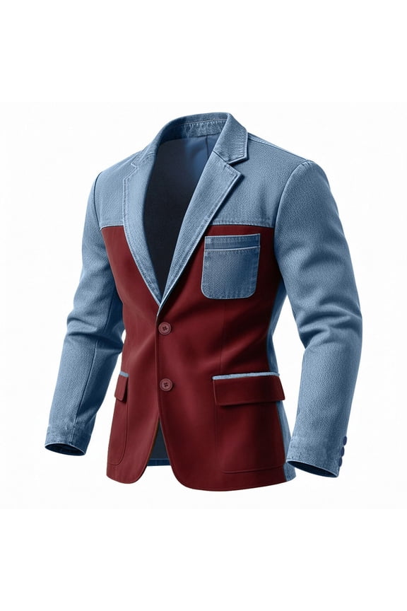 Men's Denim Patchwork Blazer Color Blocking Casual Fashion Jacket Double Button Jean Suit Jacket with Pocket Brick Red XXL