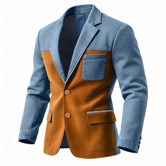 IWRICH Men's Denim Patchwork Blazer Color Blocking Casual Fashion Jacket Double Button Jean Suit Jacket with Pocket Brown L