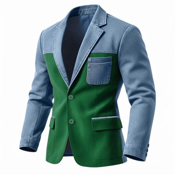 IWRICH Men's Denim Patchwork Blazer Color Blocking Casual Fashion Jacket Double Button Jean Suit Jacket with Pocket Green XXL