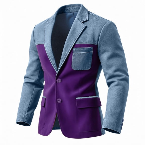 IWRICH Men's Denim Patchwork Blazer Color Blocking Casual Fashion Jacket Double Button Jean Suit Jacket with Pocket Purple XXL