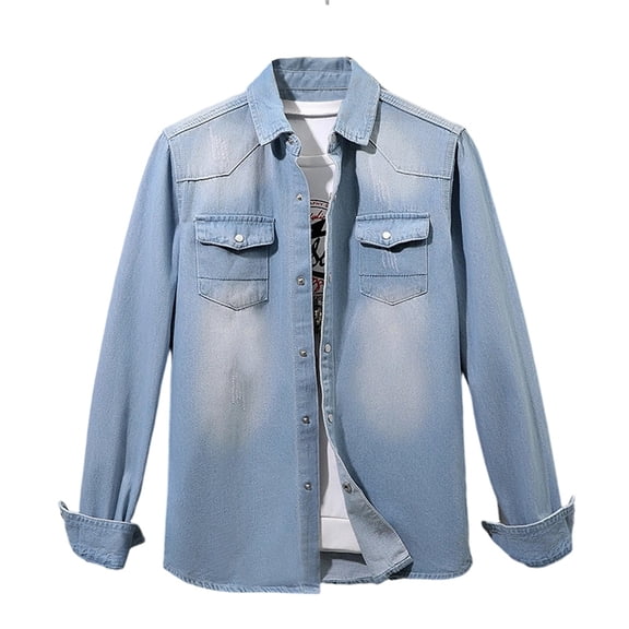 IWRICH Men's Denim Shirt Long Sleeve Slim Fit Jean Shirt Button down Causal Baggy Fashion Streetwear Light Blue M