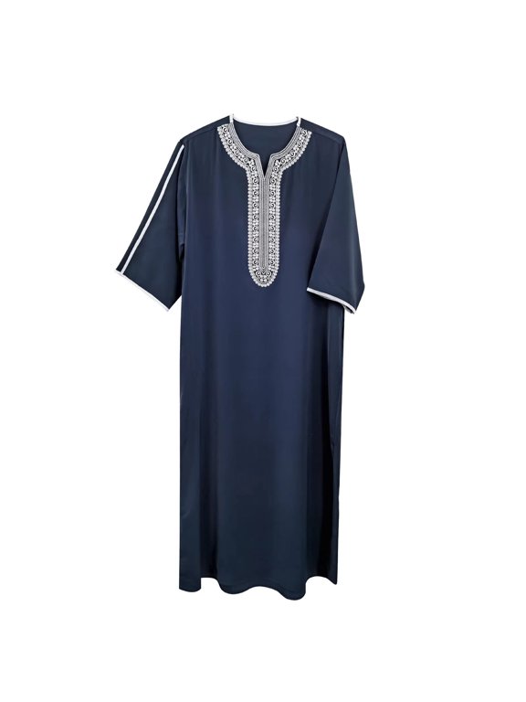 Men's Embroidery Moroccan Thobe Men Mogadishu Djellaba Robe Jubba Prayer Kaftan Arabic Abaya 01-Navy L