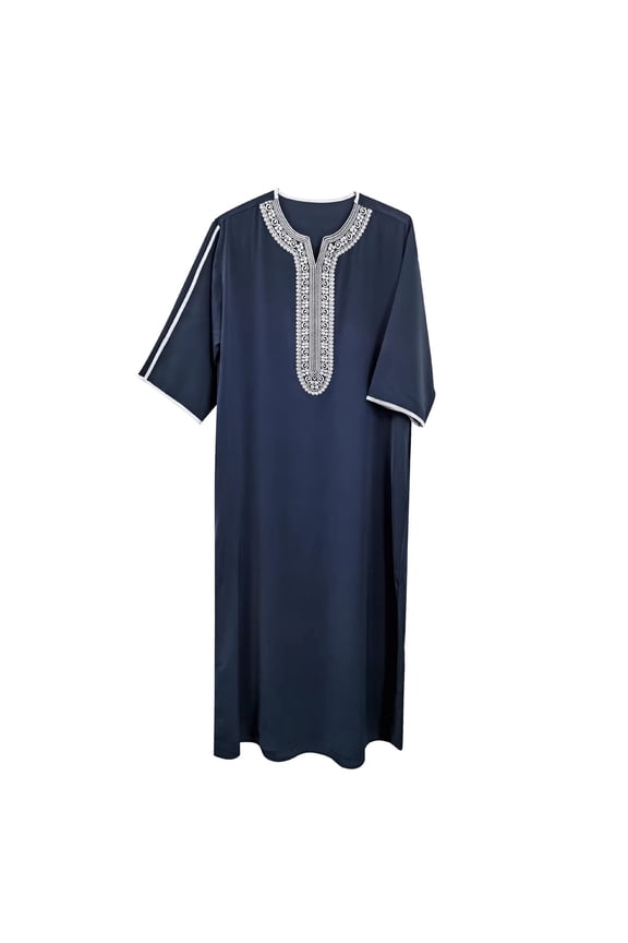 Men's Embroidery Moroccan Thobe Men Mogadishu Djellaba Robe Jubba Prayer Kaftan Arabic Abaya 01-Navy XXL