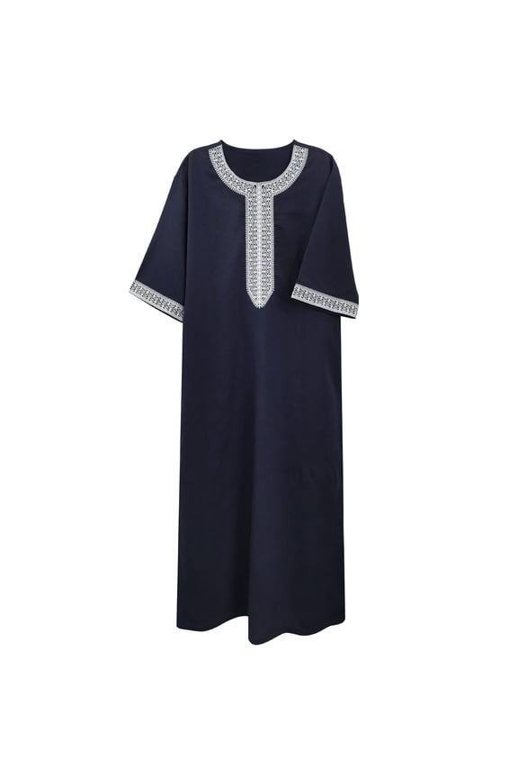 Men's Embroidery Moroccan Thobe Men Mogadishu Djellaba Robe Jubba Prayer Kaftan Arabic Abaya 02-Navy S
