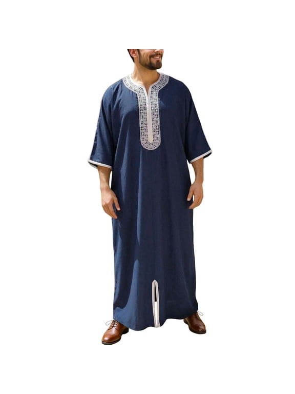 Men's Embroidery Moroccan Thobe Mogadishu Djellaba Robe Jubba Prayer Kaftan Arabic Abaya 01-Navy L