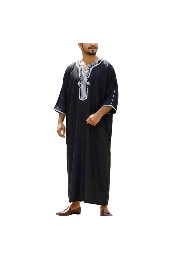 Men's Embroidery Moroccan Thobe Mogadishu Djellaba Robe Jubba Prayer Kaftan Arabic Abaya 02-Black M