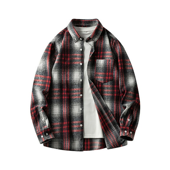 IWRICH Men's Fashion Plus Size Shirts Long Sleeve Plaid Shirt Jacket Casual Button down Shirt with Pockets Red L