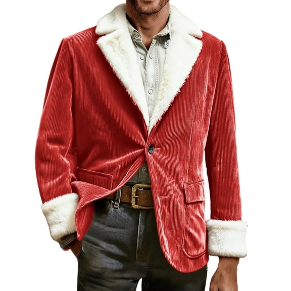 IWRICH Men's Fuzzy Collar Blazer Winter Party Jackets Corduroy One Button Blazer Coat with Pocket Watermelon Red S