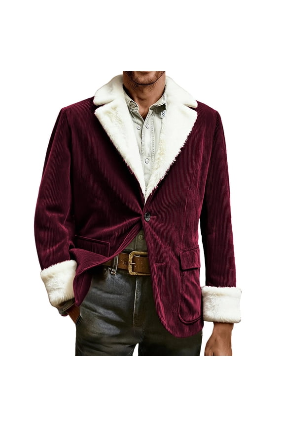 Men's Fuzzy Collar Blazer Winter Party Jackets Corduroy One Button Blazer Coat with Pocket XXL