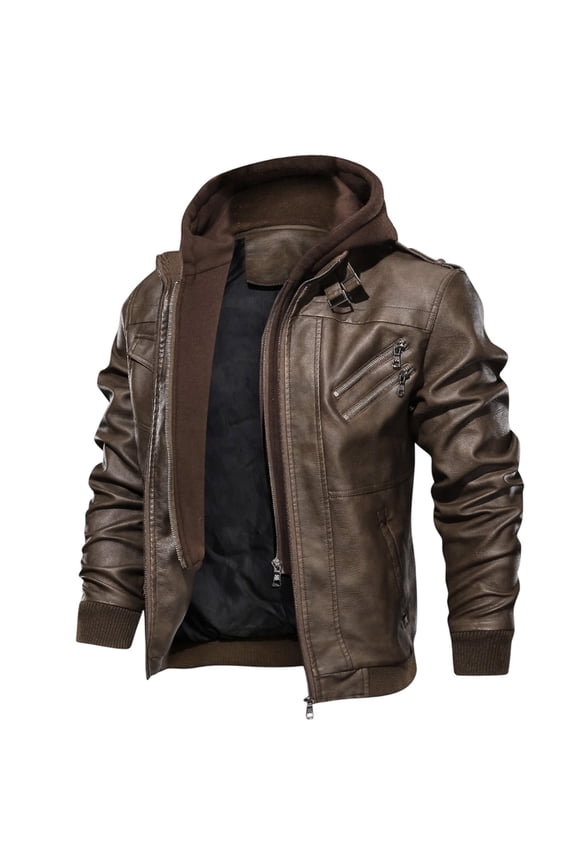 IWRICH Men's Leather Jacket Stand Collar Motorcycle Bomber Jackets with Removable Hood Coffee XXXXL