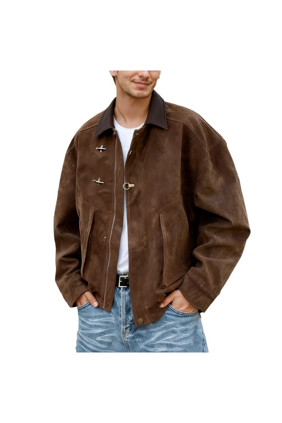 IWRICH Men's Suede Cropped Jacket Contrast Collar Zip up Utility Barn Coat Trendy Fall Outwear Brown XL
