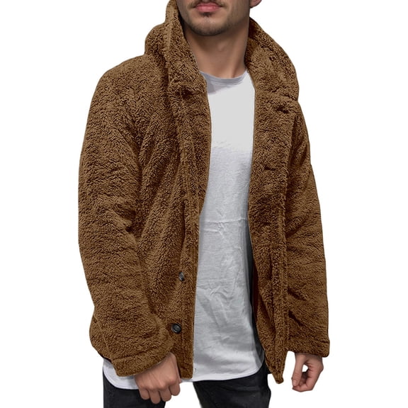 IWRICH Men's Hooded Jacket Winter Fuzzy Coat Button Cardigan Sherpa Sweaters Outerwear Coffee S