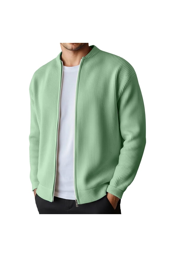 Men's Full Zipper Cardigan Casual Stand Collar Cardigan Sweater Ribbed Knit Long Sleeve Sweater Light Green S