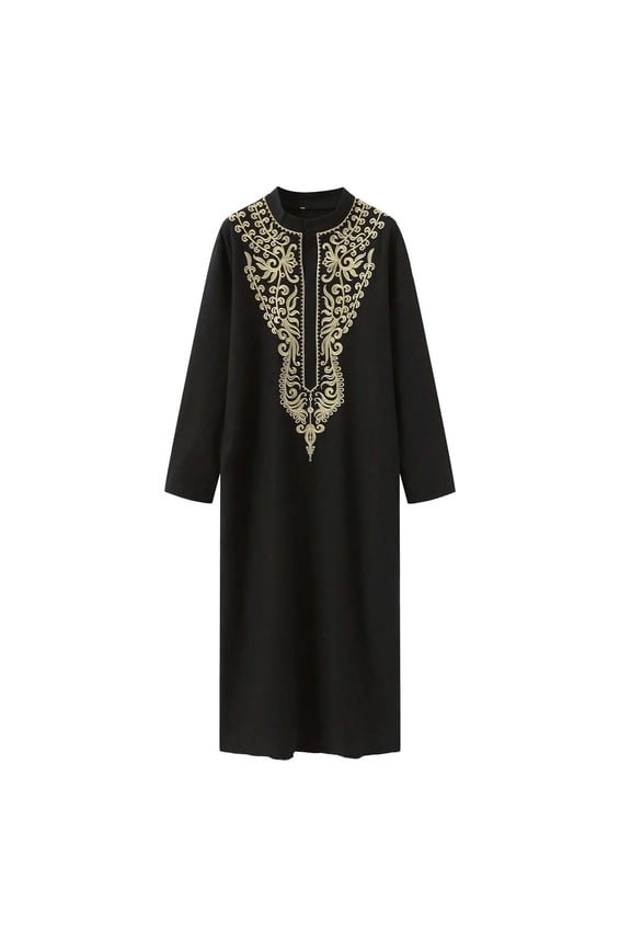Men's Gold Embroidery Long Kaftan Gown Arabic Abaya Dress Thobe Middle East Saudi Arab Kaftan Black XL