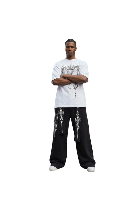 Men's Goth Graphic Sweatpants Drawstring Waist Athletic Sweat Pants Baggy 20s Streetwear Black L