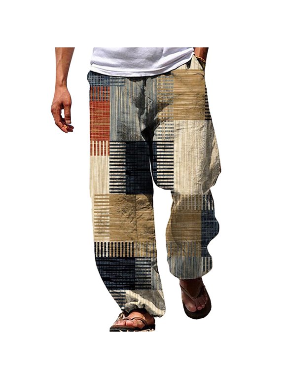 Men's Graphic Loose Fit Pants Elastic Waist Drawstring Slacks Trousers Hippy Printed Color Blocked Wide Leg Beach Pants with Pockets Coffee S