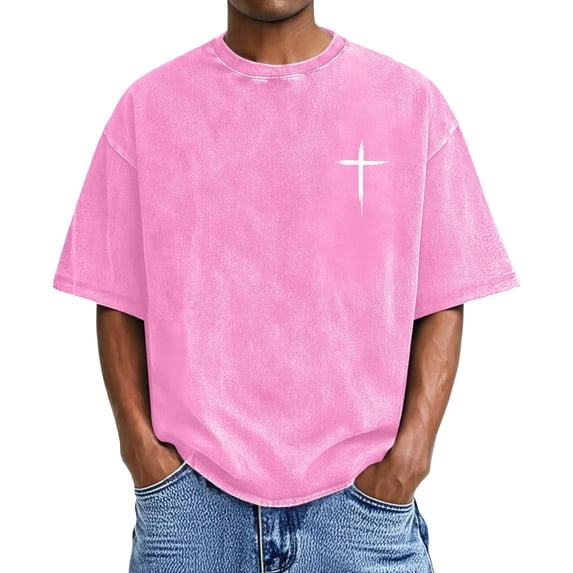 IWRICH Men's Graphic Printed Crew Neck T Shirts Short Sleeve Plus Size Tshirts Baggy Acid Washed Tees Pink XL