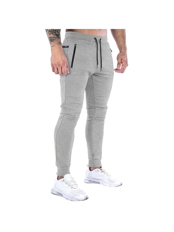 Men's Gym Joggers Workout Pants Athletic Jogger Sweatpants Casual Training with Zipper Pockets Tapered Track Pants Silver S