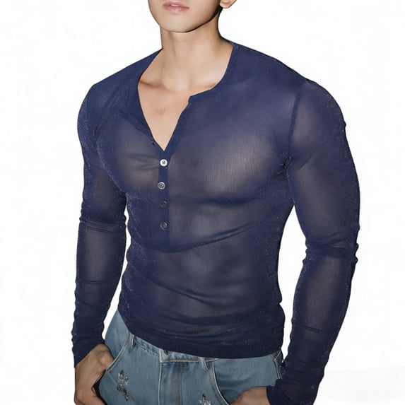 IWRICH Men's Henley Neck T-Shirts Deep V Neck Sheer Tees Slim Fit Muscle Tee Shirts Long Sleeve Stretch Clubwear Tops Dark Blue S