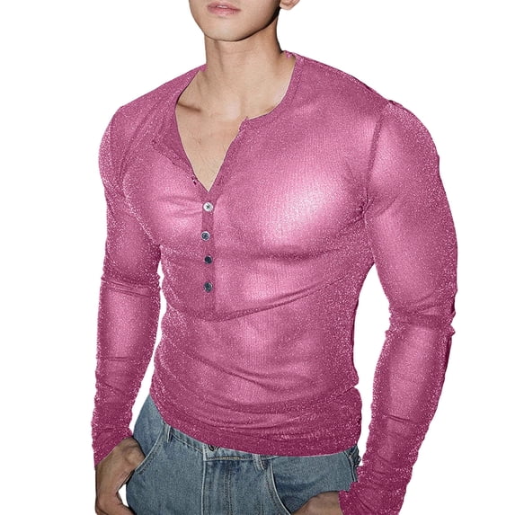 IWRICH Men's Henley Neck T-Shirts Deep V Neck Sheer Tees Slim Fit Muscle Tee Shirts Long Sleeve Stretch Clubwear Tops Pink L