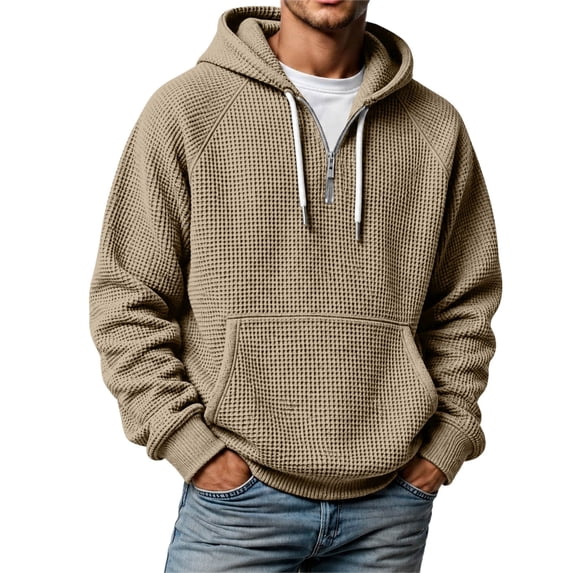 IWRICH Men's Hoodies Pullover Quarter Zip Casual Long Sleeve Drawstring Waffle Knit Hooded Sweatshirt with Pocket Khaki XXXXL