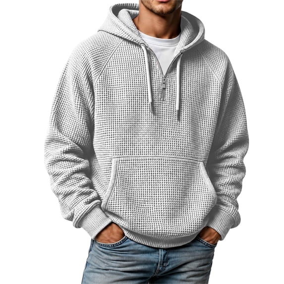 IWRICH Men's Hoodies Pullover Quarter Zip Casual Long Sleeve Drawstring Waffle Knit Hooded Sweatshirt with Pocket Light Gray S