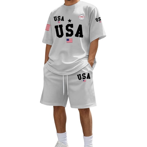 IWRICH Men's Independence Day 4th of July Outfits USA Flag Patriot Short Sleeve Shirts and Shorts Set 2 Piece Athletic Jogging Tracksuits Light Gray XXXL