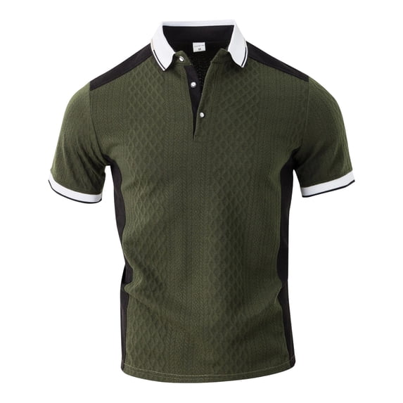 IWRICH Men's Jacquard Textured Short Sleeve Polo Shirts Button up Color Blocking Tops V Neck Casual Summer Basic Tops Army Green XL