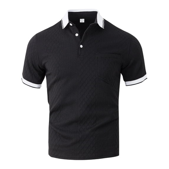 IWRICH Men's Jacquard Textured Short Sleeve Polo Shirts Button up Color Blocking Tops V Neck Casual Summer Basic Tops Black L