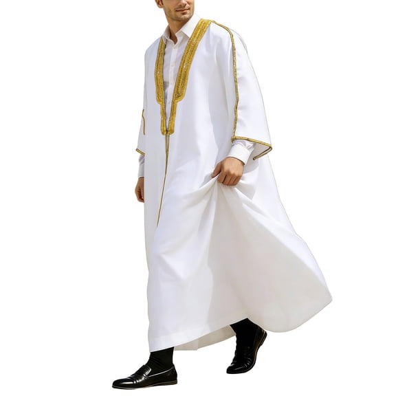 IWRICH Men's Kaftan Thobe Long Sleeve Stand Collar Side Button Robe Gown Casual Loose Split Muslim Shirts Tops White XL
