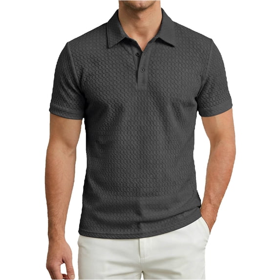 IWRICH Men's Knit Basic Polo Shirt Short Sleeve Textured Classic Solid Color Tees Collared Business Slim Fit Tops Grey L