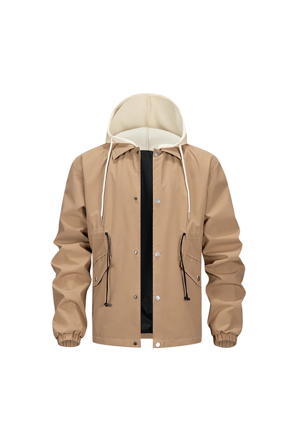 IWRICH Men's Lightweight Outdoor Hooded Jacket Water Resistant Properties Rain Jacket Block Wind Coat with Zipped Pockets Khaki XS