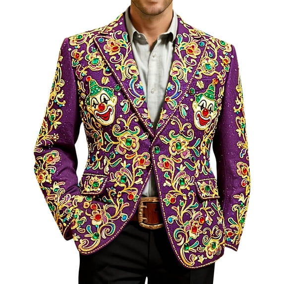 IWRICH Men's Mardi Gras Corduroy Printed Blazer Carnival Casual Holiday Suit Jacket Rave Party Holiday Coat with Pocket 03-Purple M