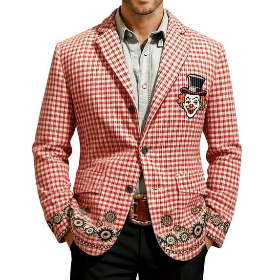 IWRICH Men's Mardi Gras Corduroy Printed Blazer Carnival Casual Holiday Suit Jacket Rave Party Holiday Coat with Pocket 12-Red XL