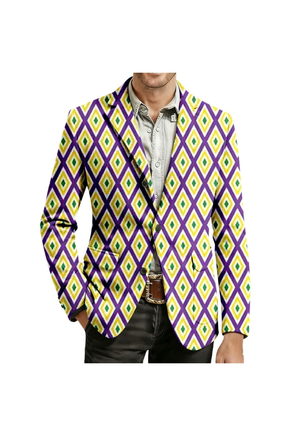 Men's Mardi Gras Jacket Carnival Corduroy Blazer Printed Soft Work Formal Warm Casual Coat 01-Yellow S