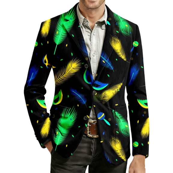 IWRICH Men's Mardi Gras Jacket Carnival Corduroy Blazer Printed Breasted Soft Work Formal Warm Casual Coat 02-Black L