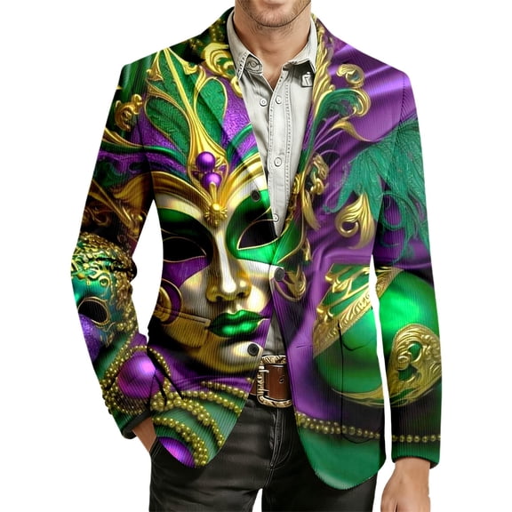 IWRICH Men's Mardi Gras Jacket Carnival Corduroy Blazer Printed Breasted Soft Work Formal Warm Casual Coat 06-Green M