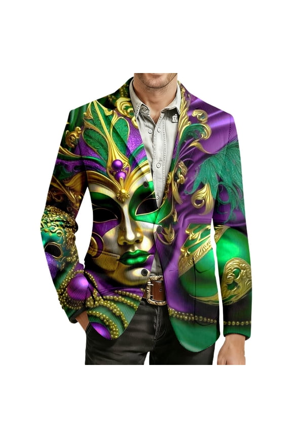 Men's Mardi Gras Jacket Carnival Corduroy Blazer Printed Breasted Soft Work Formal Warm Casual Coat 06-Green M