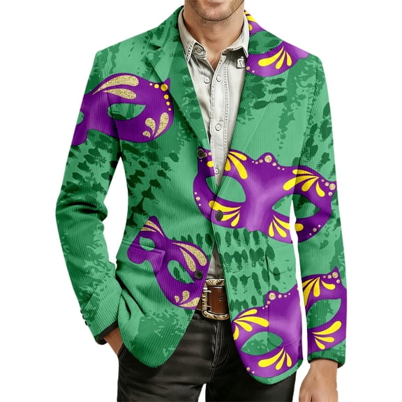 IWRICH Men's Mardi Gras Jacket Carnival Corduroy Blazer Printed Breasted Soft Work Formal Warm Casual Coat 09-Green L