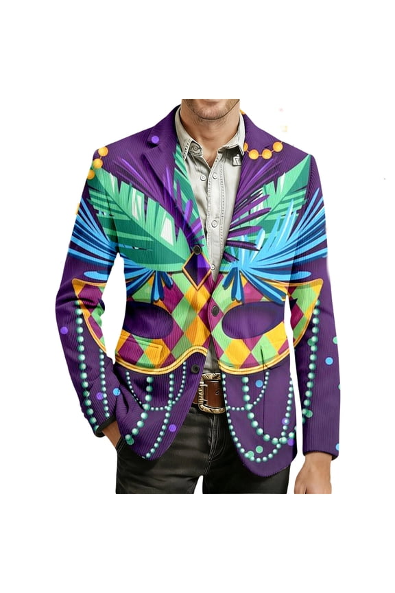 Men's Mardi Gras Jacket Carnival Corduroy Blazer Printed Soft Work Formal Warm Casual Coat 21-Purple XL