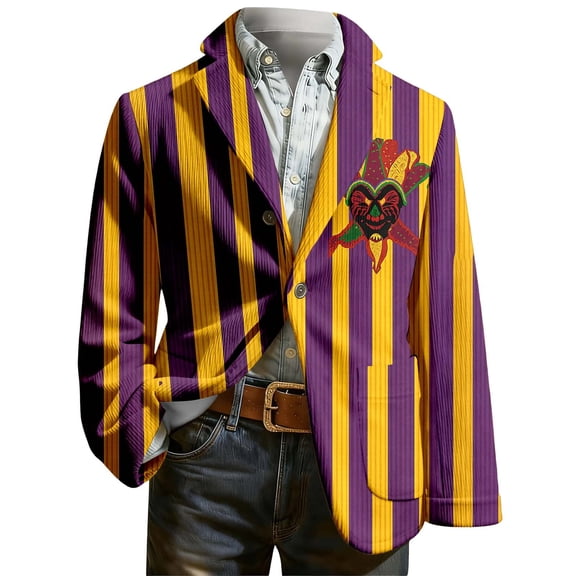 IWRICH Men's Mardi Gras Suit Jacket Printed Corduroy Lapel Button Blazers Jackets with Pockets for Formal Event 02-Yellow L