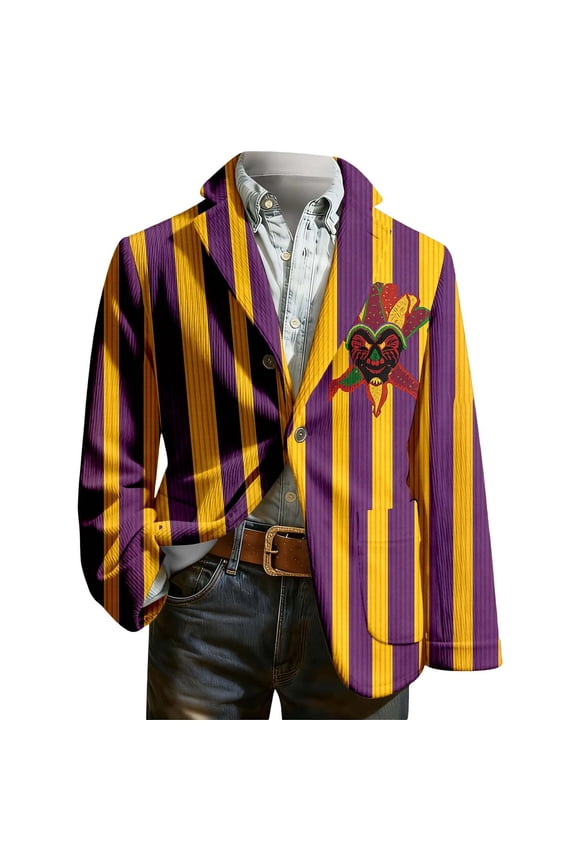 Men's Mardi Gras Suit Jacket Printed Corduroy Lapel Button Blazers Jackets with Pockets for Formal Event 02-Yellow L