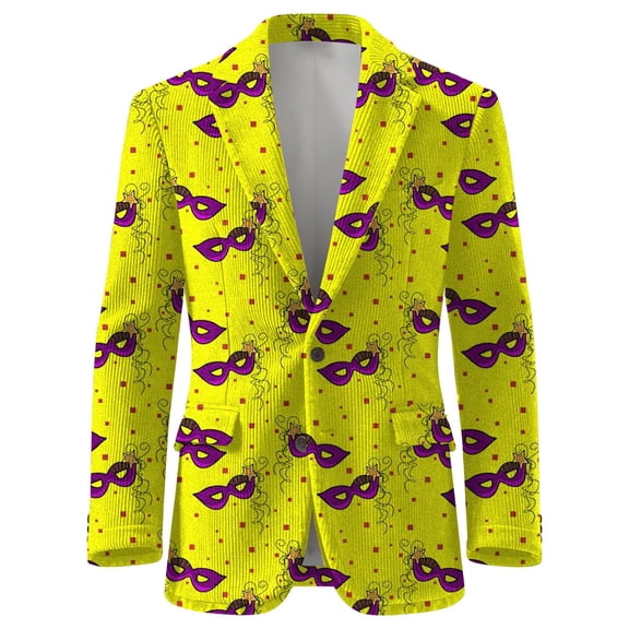 IWRICH Men's Mardi Gras Suit Jacket Printed Corduroy Lapel Button Blazers Jackets with Pockets for Formal Event 03-Yellow S