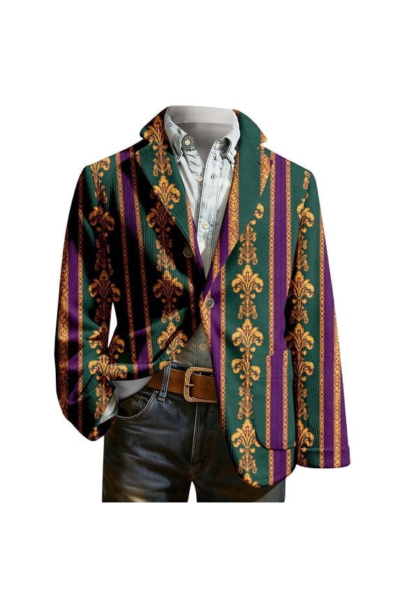 Men's Mardi Gras Suit Jacket Printed Corduroy Lapel Button Blazers Jackets with Pockets for Formal Event 04-Dark Green L